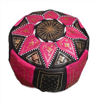 Grand pouf en vrai cuir Naturel Noir et rose