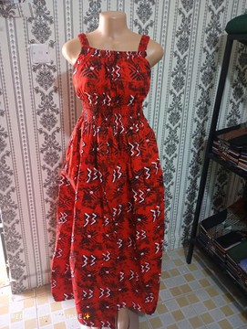 Red Ankara Midi Dress – African Print Summer Dress with Stretch Waist and Strap Detail