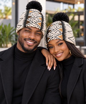 Tribal Mudcloth Print Knitted Hat With Pom-Pom | Mudcloth Apparel | Bynelo