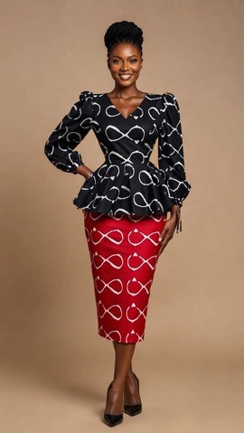 Ensemble haut péplum et jupe midi à imprimé Adire noir et rouge