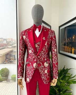 A candy red &amp; splash of silver, peak lapel stratocumulus patterned jacquard suit