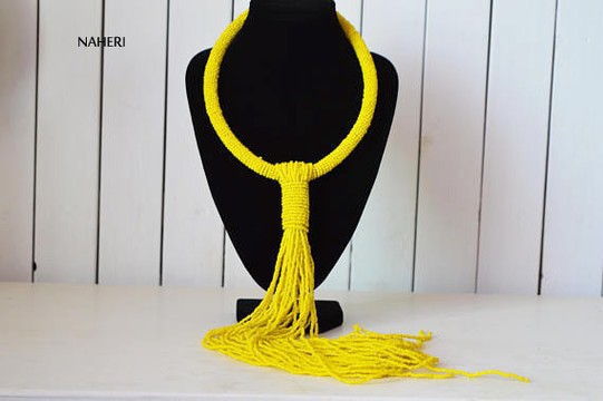 African inspired tie necklace | Yellow beaded Necklace | African jewelry | Romantic tribal Necklace