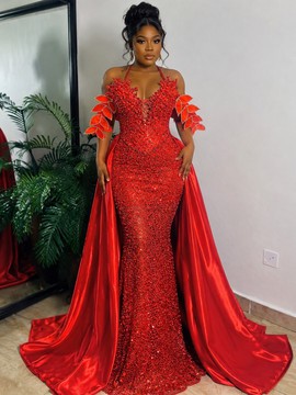 Red Beaded Mermaid Prom Dress with Detachable Train | Luxury Red Evening Gown