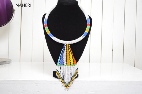 African Maasai White Necklace | Zulu Inspired Beaded Necklace | White Tribal Pendant Jewelry