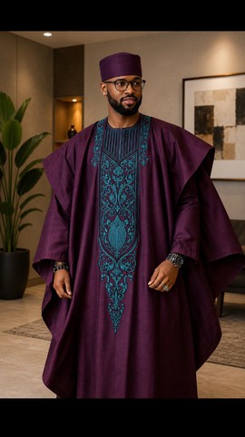 Agbada brodé violet et turquoise pour homme – Robe à broderies florales audacieuses avec bonnet assorti