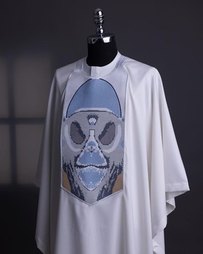 An ivory white, “Planet Of Apes” embroidery agbada, 3/4 sleeve kaftan &amp; sokoto
