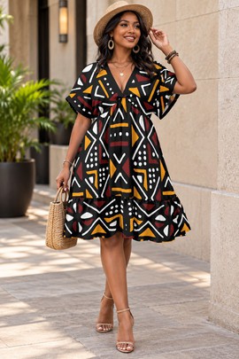 Robe kimono tribale en bogolan pour femme, col en V et manches courtes