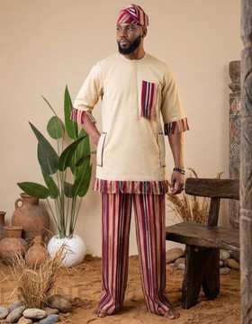 Cream Tunic with Fringe Trim &amp; Burgundy-Striped Trousers