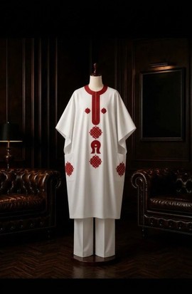 Ensemble kaftan Agbada blanc avec broderie rouge | Vêtements africains pour homme