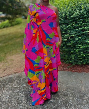 Pink Multicolor Abstract Print One Shoulder Asymmetrical Top and Pants Set