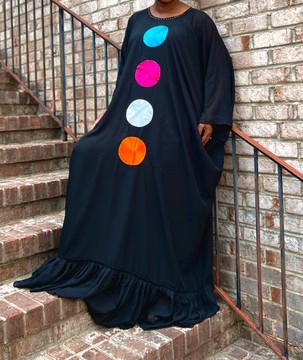 Elegant Black Chiffon Sheer Kaftan With Colorful Circle Accents in Pink,Blue, White and Orange