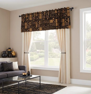 Black and Gold Mudcloth Curtain Valance | African Bogolan Window Treatment | Bynelo