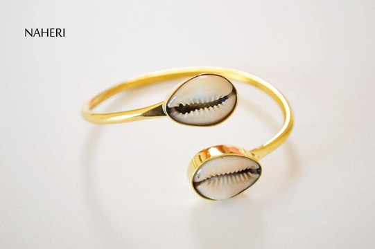 African brass cuff bracelet with cowrie shell handmade jewelry