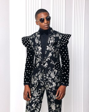 A “Vegas 2”, floral pattern jacquard Elevated shoulder and sleeve peak Lapel tux suit