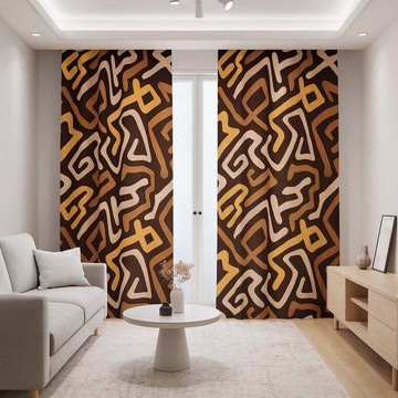 African Kuba Brown Blackout Curtain Doodle Print (Two-Piece) LARGER SIZES AVAILABLE