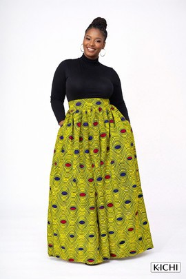 Long, high-waisted wax print skirt –
