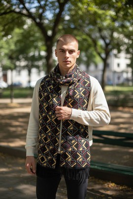 BOGOLAN scarf - mixed wax print &amp; black fleece - Handmade