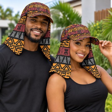 Bogolan Mudcloth Print Sun Hat With Neck Flap | African Sun Protection | Bynelo