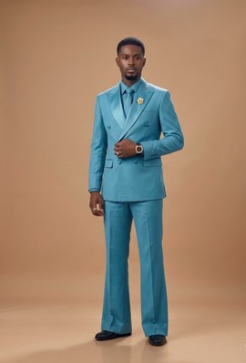 Ensemble de costume bleu aqua à revers croisés – smoking homme 3 pièces sur mesure, pantalon évasé à jambes larges, chemise