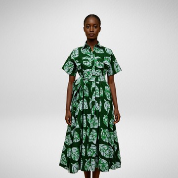 Green Ankara Print Cotton Midi Dress | Short Sleeve Belted Dress