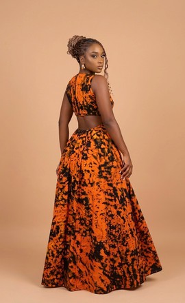 Elegant Orange Adire Maxi Dress – Sleeveless Tie Dye Flared Long Dress for Women