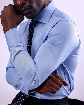 A Skye blue, herringbone fabric, cut-away collar business shirt.