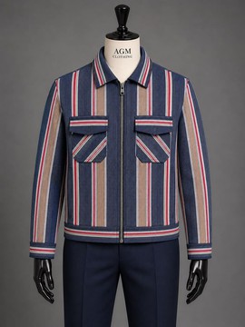Ensemble traditionnel fusion deux pièces pour homme : veste zippée à col et pantalon en aso-oke bleu marine à rayures