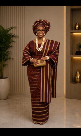 Women's Maroon &amp; Gold Aso Oke Traditional Attire – Handwoven Nigerian Iro, Buba &amp; Gele Set