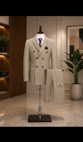 Blazer beige croisé pour homme avec détail de chaîne et broche et pantalon