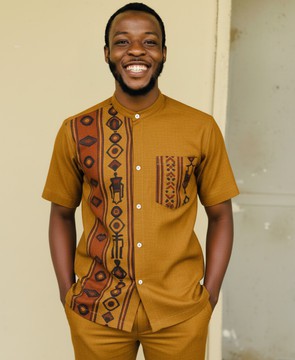Men's Kente Strip Linen-Look Shirt &amp; Trouser Set