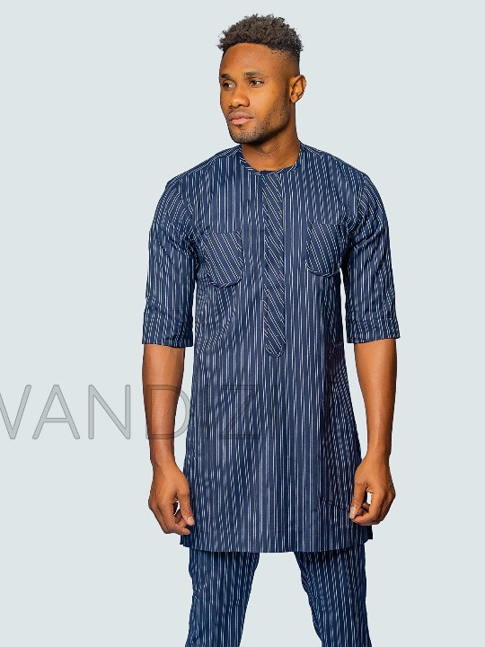 Lightly patterned Blue Suit with trimmed patch pocket, African Men Clothing, African Wedding Men