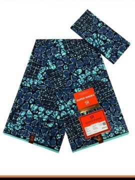 Wax Africain Ankara 100% coton 6 mètres (Turquoise/Noir)