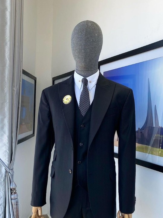 Une rayure classique à épingles - costume à 2 boutons «Board Room», boutons de perles en corne, manteau à la taille