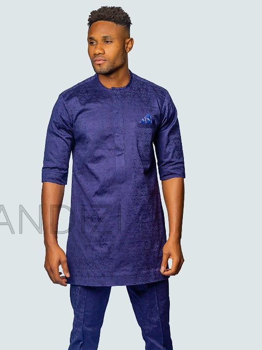 Lightly patterned Blue Suit with trimmed patch pocket, African Men Clothing, African Wedding Men