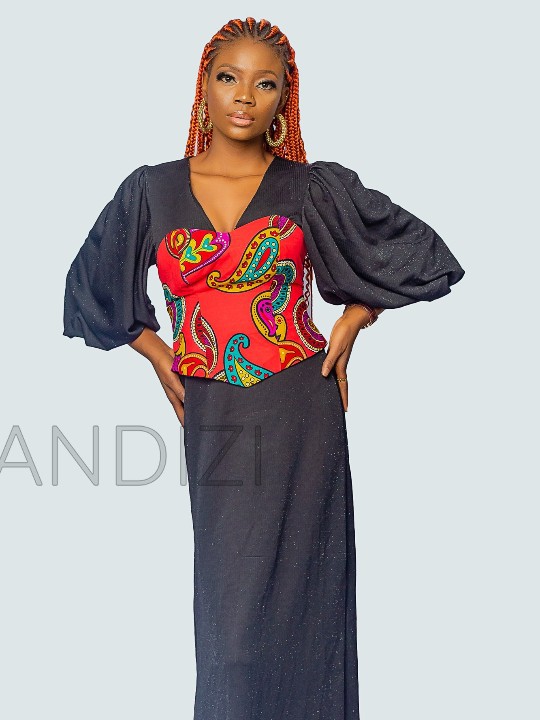 Robe noire à manches bouffantes avec bustier Ankara, robe Maxi imprimé africain, robe longue Ankara