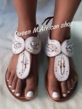 Femmes africaines Maasai sandales gladiateur blanc / cuir, sandales plates