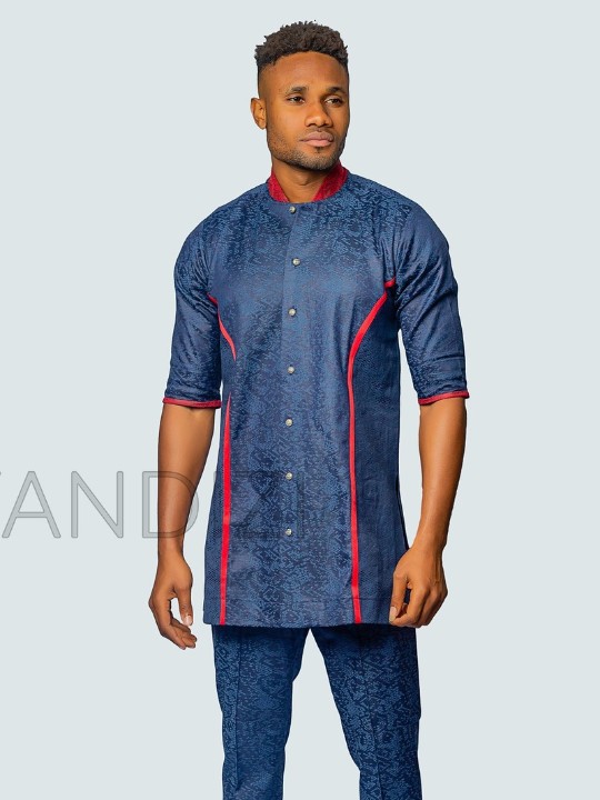 Lightly patterned Blue Suit with trimmed Red Lining, African Men Clothing, African Wedding Men
