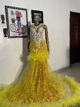 Yellow ruffles sequin prom dress