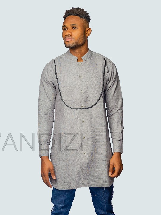 Half Collar Black and Grey Dress Shirt, African Men Shirt, African Clothing