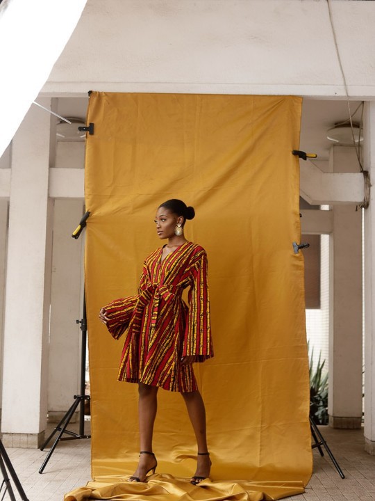 Red African print kimono dress with Long Wide sleeves with Belt