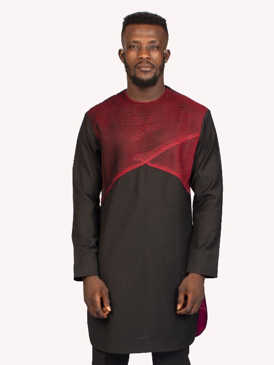 African men's suit in Black wool and Red Net fabric mix , Mens traditional