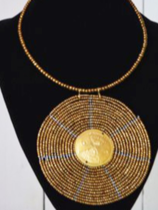 African brown beaded necklace disc pendant with brass