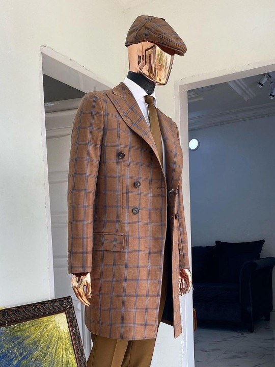 Bespoke reloaded “peaky blinders” men’s windowpane brown 3 piece suit.